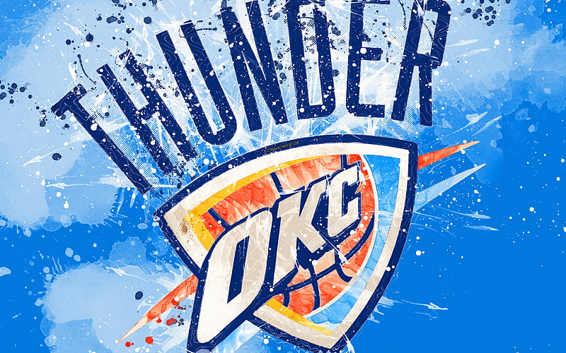 Oklahoma City Thunder grunge art, logo, american basketball club, blue grunge background, paint splashes, NBA, emblem, Oklahoma City, Oklahoma, USA, basketball, Western Conference, National Basketball Association, HD wallpaper
