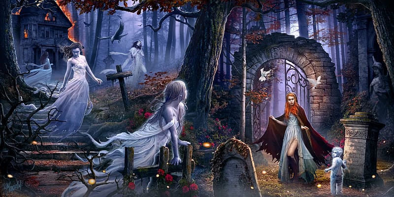 Fantasy, Dark, Child, Ghost, Cross, Cemetery, Graveyard, Headstone, HD wallpaper