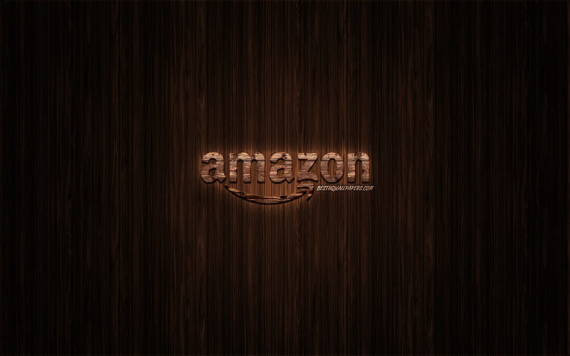 Amazon logo, wooden logo, wooden background, Amazon, emblem, brands, wooden art, HD wallpaper