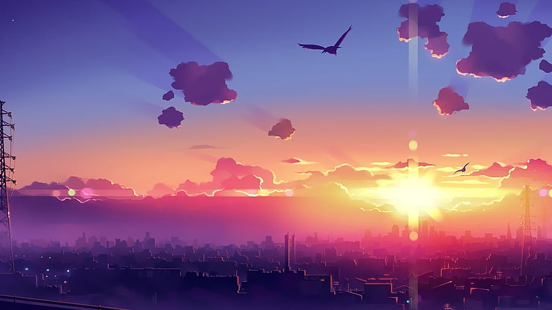 anime landscape, sunset, sky, horizon, bird, clouds, cityscape, Anime, HD wallpaper