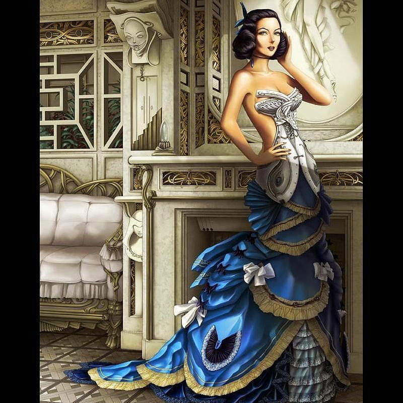 Courtesan Blue, pretty, female, dress, fantasy, girl, beauty, lady, courtesan, blue, HD wallpaper