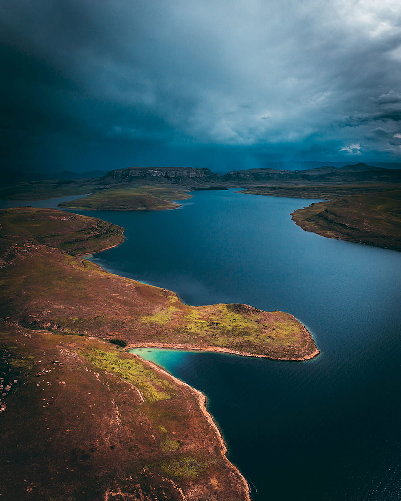 lake, island, aerial view, cloudy, sky, africa, HD phone wallpaper
