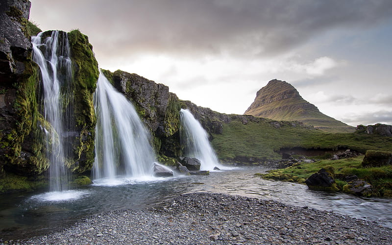 Waterfall Mountains Iceland 2021 Scenery, HD wallpaper