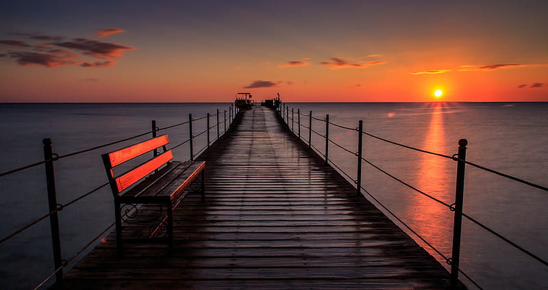 Pier Bench Sunset , pier, beach, sunset, nature, HD wallpaper