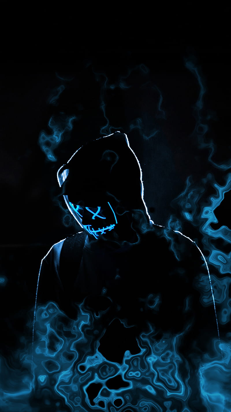 Faceless blue glow, abstract, cross, dark, eyes, hood, hoodie, mask, rap, HD phone wallpaper