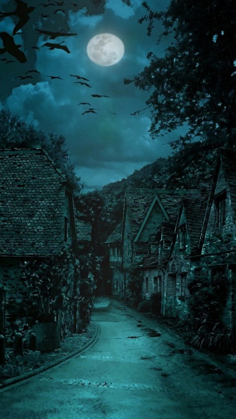 Night Village, blue, moon, HD phone wallpaper