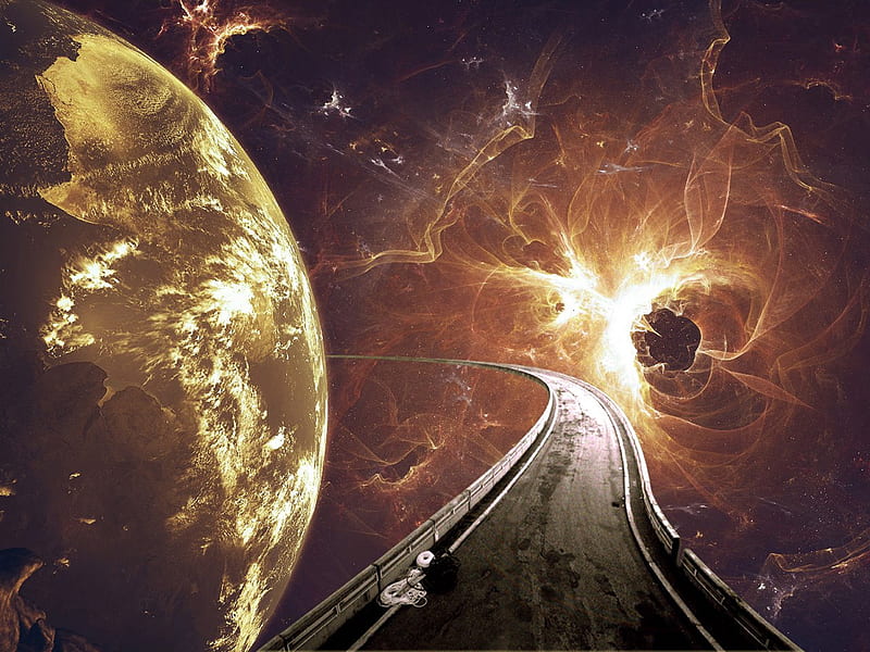 Road Space Deejai, 3d and cg, background, space, yellow, rockets, nice, fantasy, gold, multicolor, path, guard-rail, moons, golden, black, abstract, spatial, cool, awesome, hop, fullscreen, spacescape, colorful, nebule, ambar, bonito, asphalt, brown white, amber, painting, deejai, road, galaxies, stars, amazing, satellites, colors, maroon, universe colours, pc, HD wallpaper