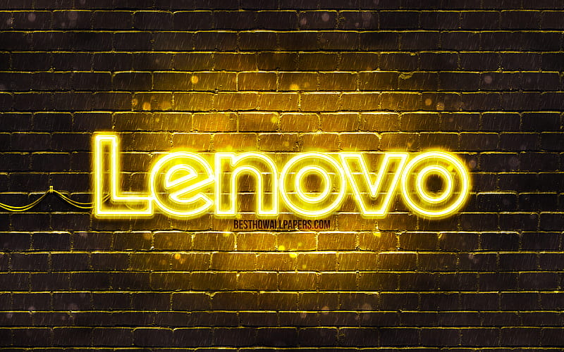 Lenovo yellow logo yellow brickwall, Lenovo logo, brands, Lenovo neon logo, Lenovo, HD wallpaper
