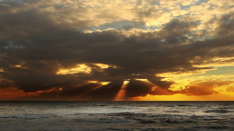 sunbeams over churning seas, sunbeams, waves, clouds, sea, HD wallpaper