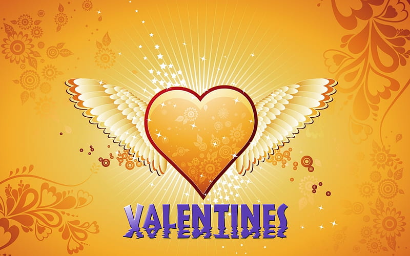 Valentines Heart Angel, yellow, purple, feathers, HD wallpaper