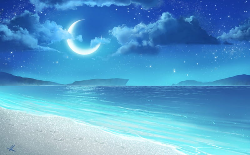 Crystal Beach, pretty, bonito, magic, sea, sweet, beach, nice, fantasy, moon, beauty, star, night, cloud, lovely, ocean, sky, water, crescent, HD wallpaper