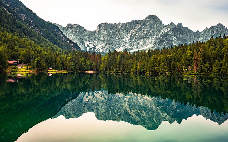 Fusine Lake, italian mountain lake, mountain landscape, forest, green trees, beautiful lake, lakes of Italy, Julian Alps, Italy, HD wallpaper