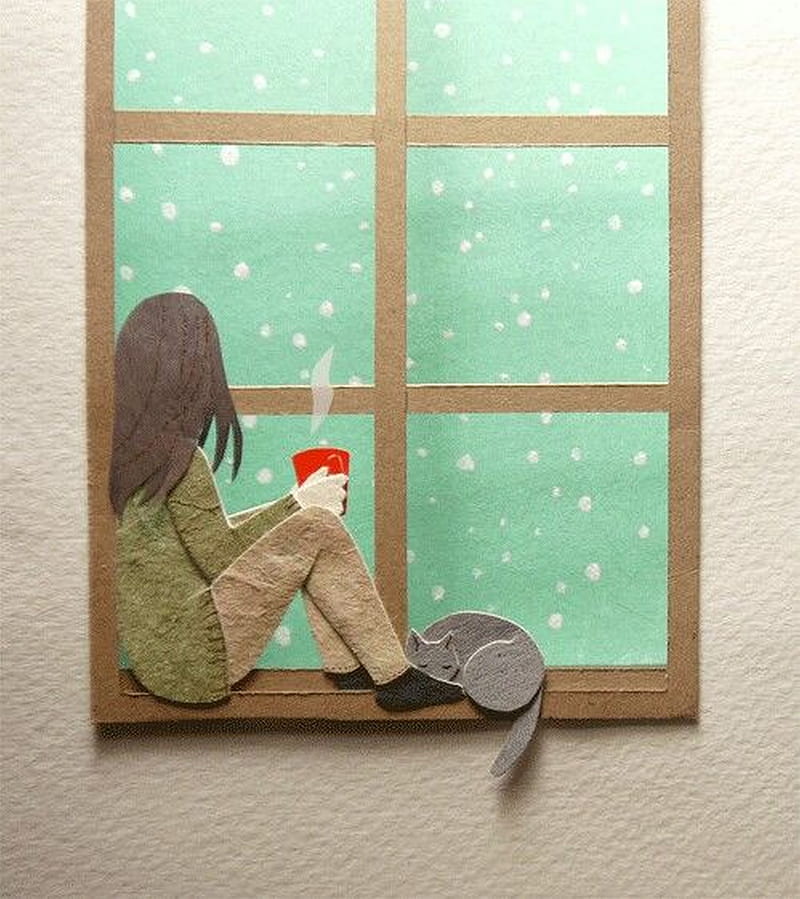 calm, cat, cool, girl, red, snow, tea, window, HD phone wallpaper