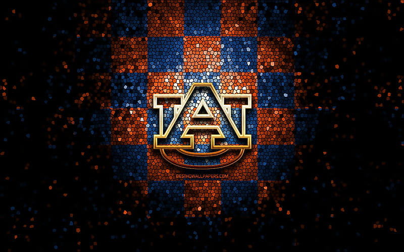 Auburn Tigers, glitter logo, NCAA, blue orange checkered background, USA, american football team, Auburn Tigers logo, mosaic art, american football, America, HD wallpaper
