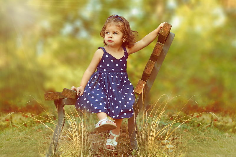 Little Girl, Girl, Bench, Curls, Nature, Dress, HD wallpaper
