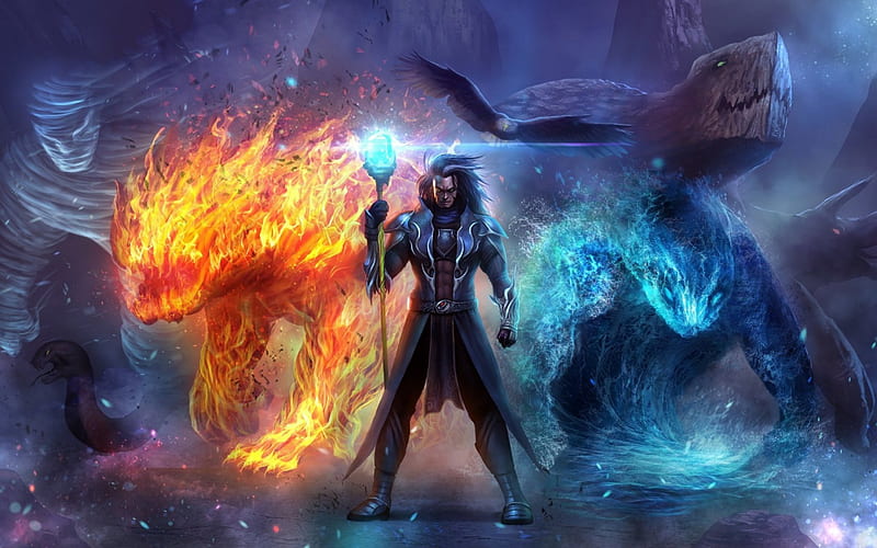 Fire and ice, red, art, yellow, man, dragon, fire, fantasy, ice, creature, blue, HD wallpaper