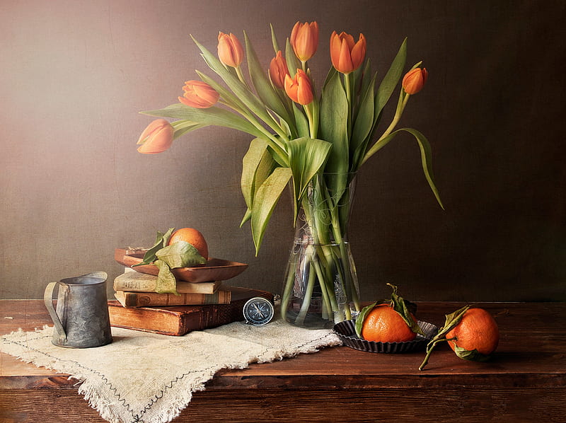 graphy, Still Life, Book, Bouquet, Flower, Tangerine, Tulip, Vase, HD wallpaper