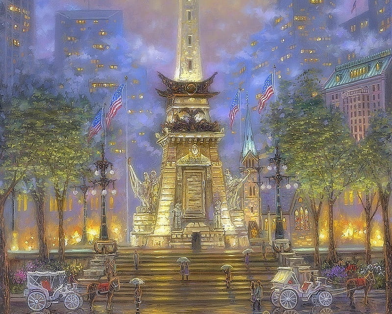 Monument Circle - Military, architecture, monuments, America Flags, love four seasons, spring, attractions in dreams, paintings, people, summer, State of Indiana, cities, military, carriages, HD wallpaper