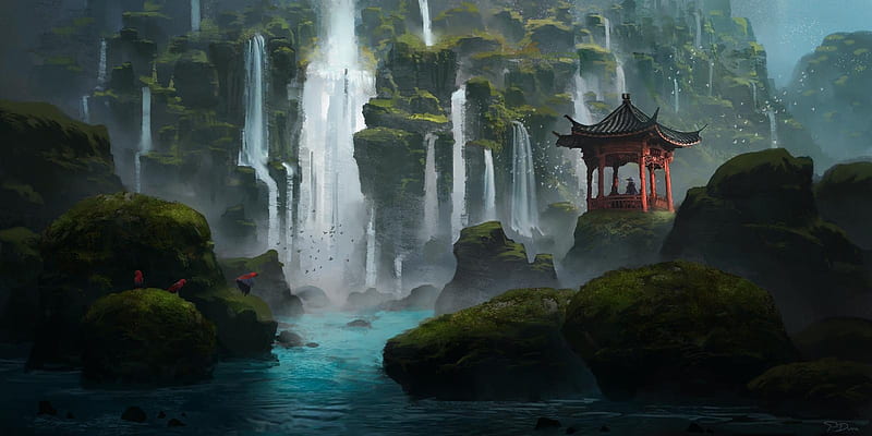 Island of Thousand Waterfalls, piotrdura, art, world, fantasy, waterfall, pavilion, asian, HD wallpaper