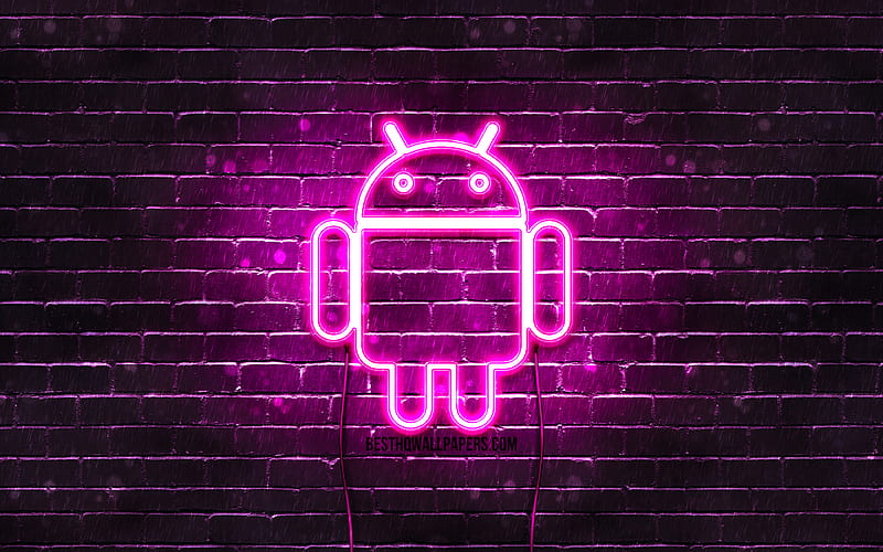 Android purple logo purple brickwall, Android logo, brands, Android neon logo, Android, HD wallpaper