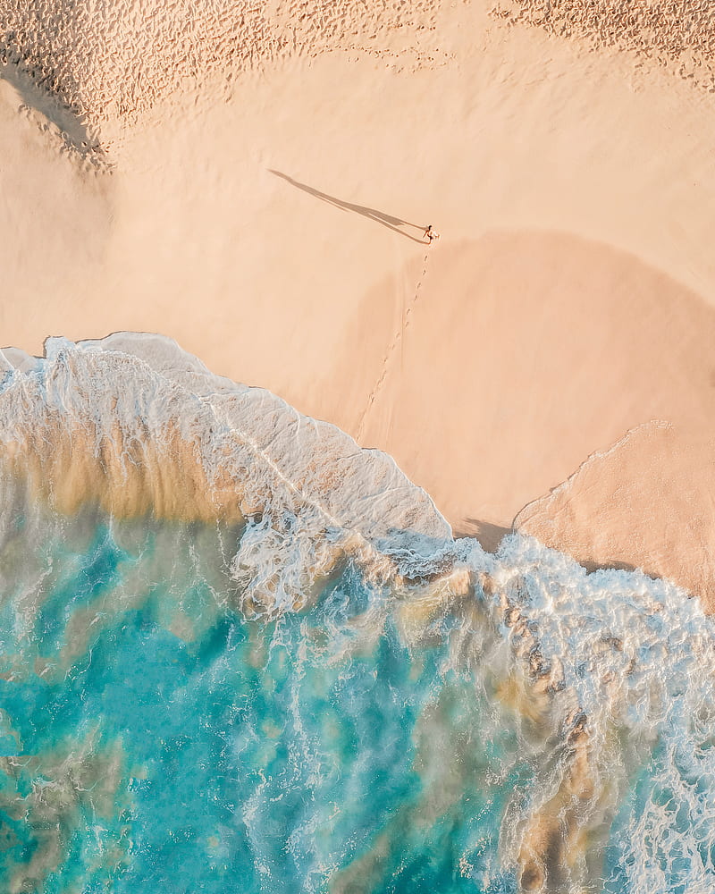 Drone view of anonymous person walking along sandy beach of turquoise sea in sunny day, HD phone wallpaper