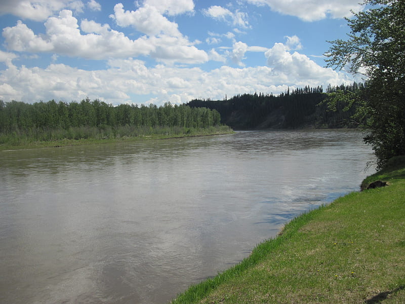 Saskatchewan River Crossing Devon, graphy, green, white, trees, clouds, sky, Rivers, blue, HD wallpaper