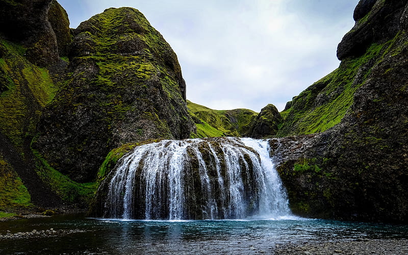waterfall, lake, Iceland, mountain waterfall, moss, stones, HD wallpaper