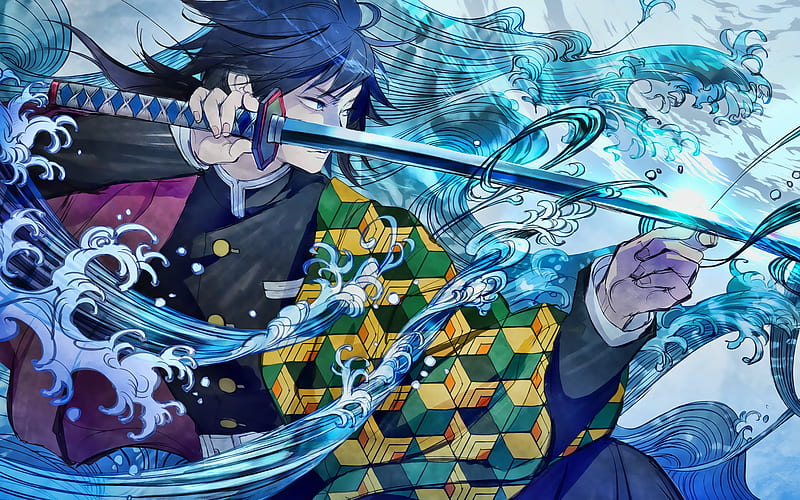 Demon Slayer Giyuu Tomioka With A Long Sharp Sword With Background Of Blue  Abstract Anime HD wallpaper  Peakpx