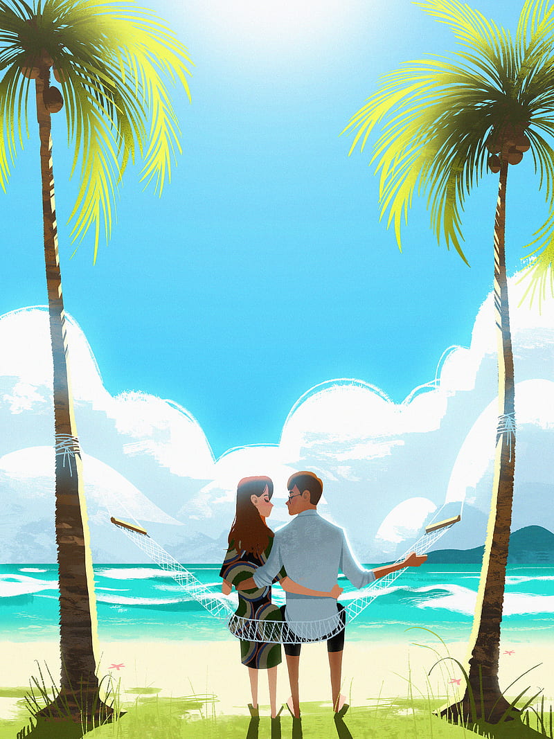 Couple on Paradise, beach, drawing, grass, man, sand, tree, water, woman, HD phone wallpaper