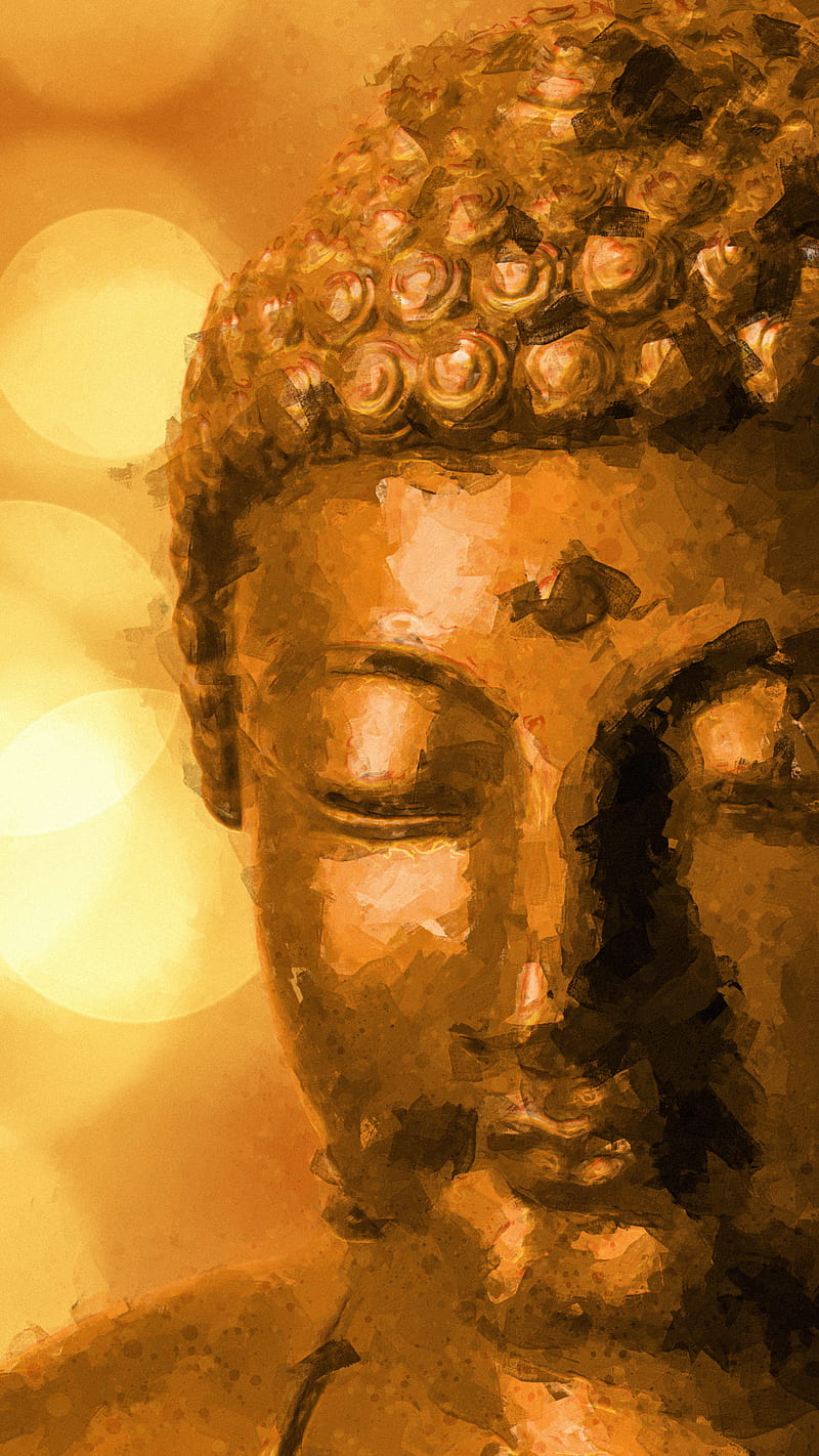 golden paint buddha, buddha, buddhism, gold, golden, lights, meditation, paint, painting, spiritual, zen, HD phone wallpaper