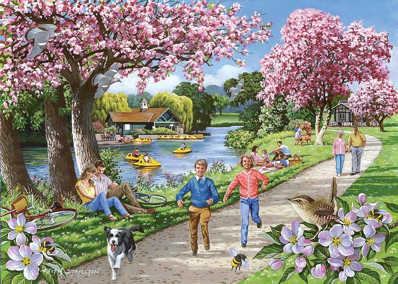 Apple blossom time, apple blossom, keith stapleton, people, painting, spring, park, pictura, HD wallpaper