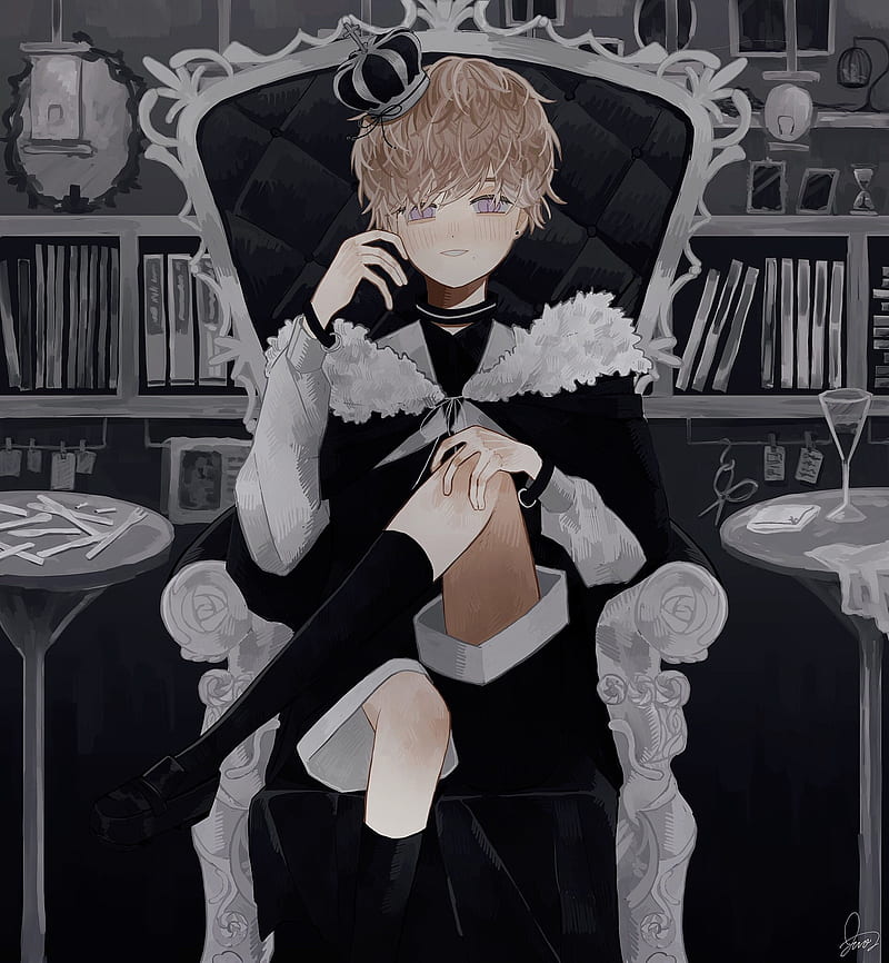 Anime boy, throne, crown, cape, books, Anime, HD phone wallpaper