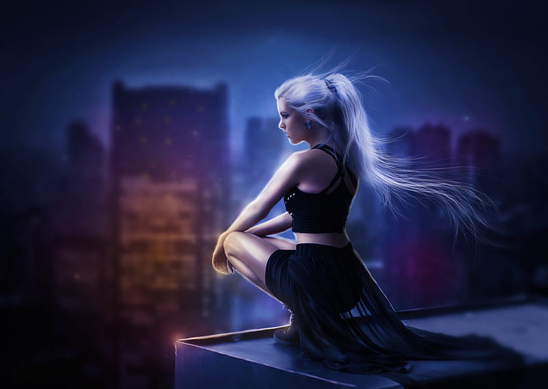 Girl On Roof Of Building, artist, digital-art, artwork, , fantasy-girls, HD wallpaper