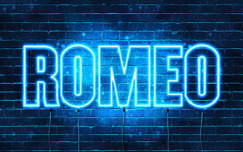 Romeo with names, horizontal text, Romeo name, blue neon lights, with Romeo name, HD wallpaper