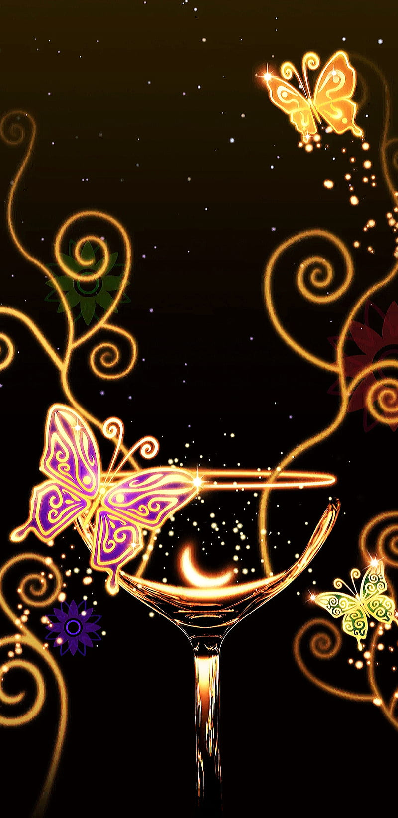 Butterfly Coctail, butterflies, flower, gold, golden, moon, sparkle, HD phone wallpaper