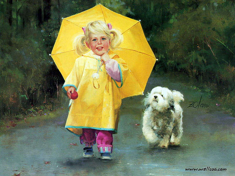 Rain day pals, by Donald Zolan, donald zolan, art, girl, painting, umbrella, puppy, dog, HD wallpaper
