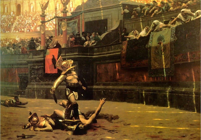 Roman fight-famous painting, art, dead, greek, death, dark art, rome, abstract, fantasy, warrior, coliseum, medieval, dark, fight, weapon, sword, gladiator, HD wallpaper