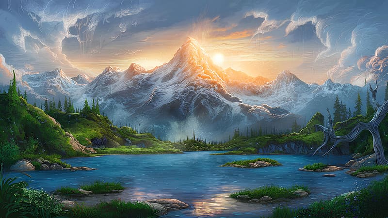 Breathtaking mountain landscape at sunrise, water, dramatic clouds, sunbeams, digital art, wilderness, scenic, beauty, clear water, flora, digital painting, fantasy, nature, tranquility, painting, serenity, peaceful, rocks, foliage, calm, snowy peaks, pristine environment, sunrise, outdoor, mountain, stunning, detailrich, digital landscape, natural beauty, vibrant sky, adventure, vibrant, sunlight, greenery, dreamlike scenery, vibrant colors, reflections, landscape, environmental beauty, untouched nature, inspiration, travel destinations, HD wallpaper