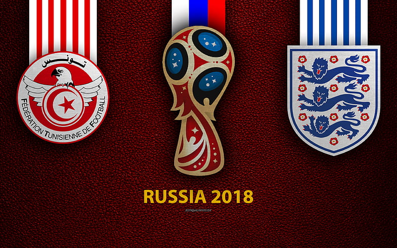 Tunisia vs England Group G, football, 18 June 2018, logos, 2018 FIFA World Cup, Russia 2018, burgundy leather texture, Russia 2018 logo, cup, Tunisia, England, national teams, football match, HD wallpaper