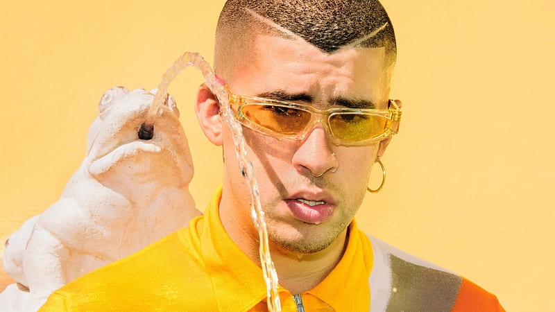 Bad Bunny Aesthetic In Yellow Background Wearing Yellow Dress And Sunglases With Water Spitting Frog Backside Music, HD wallpaper