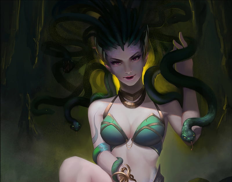 Medusa, fantasy, girl, green, luminos, gorgone, chen zhan, snake, HD wallpaper