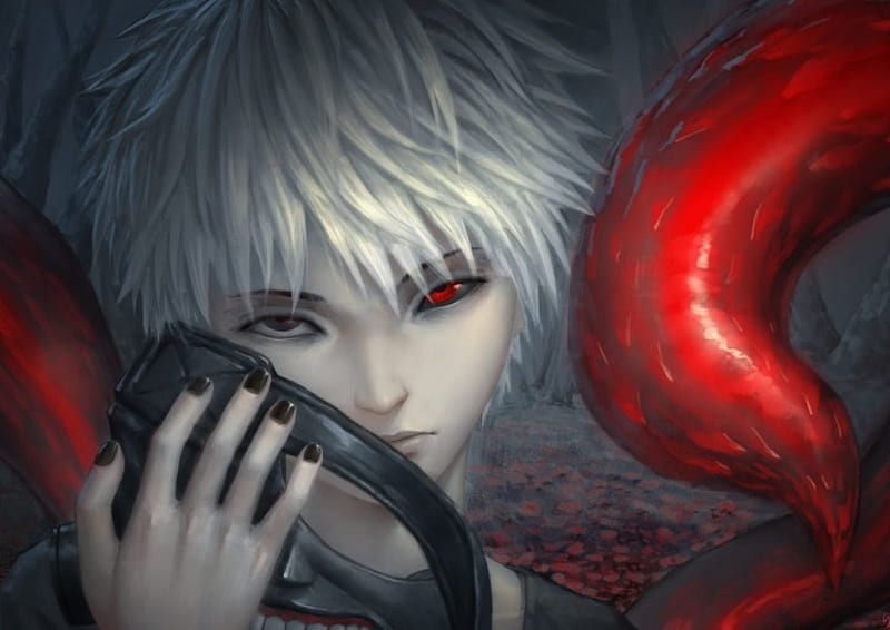 4K, Kaneki Ken, white hair, red, anime, fan art, mask, Tokyo Ghoul, HD  Wallpaper