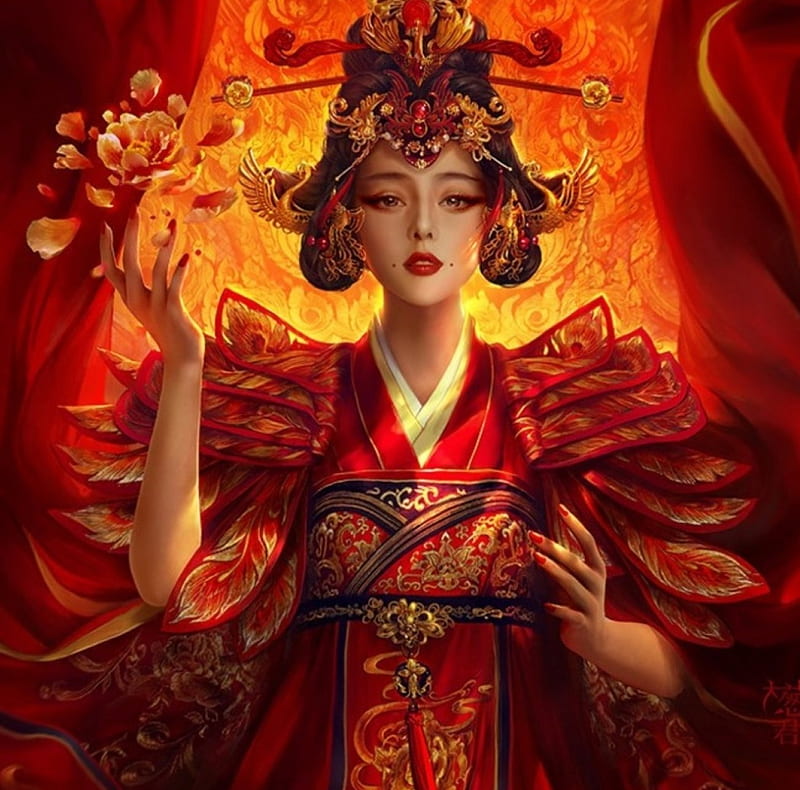 Japanese Queen, red, queen, bonito, woman, fantasy, gold, royalty ...