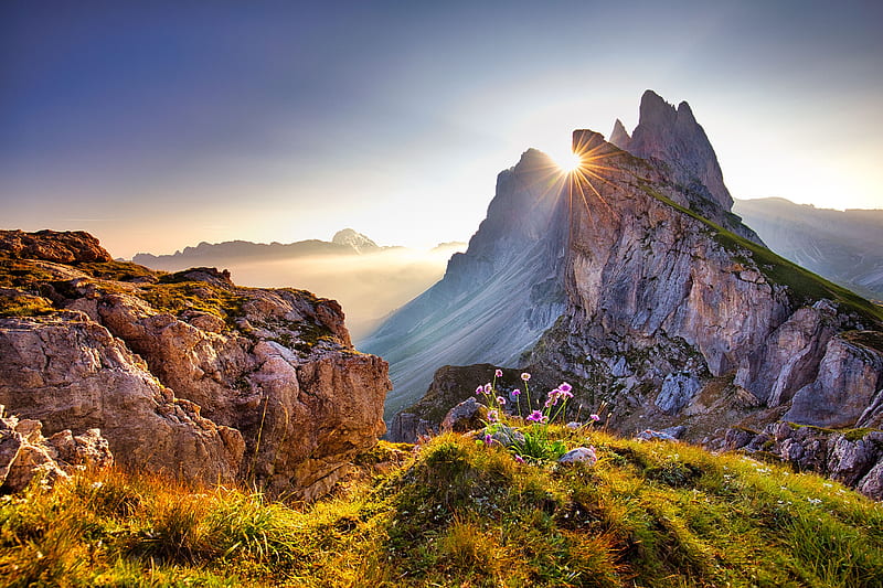 View on Seceda peak, view, Italy, sunset, bonito, sky, mountain, Europe, Tyrol, rays, peak, wildflowers, sunrise, rocks, Alps, sun, Trentino, dolomites, amazing, south, HD wallpaper