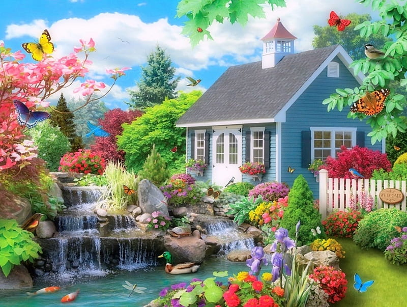 Houses in Dreams, houses, colors, love four seasons, butterflies, spring, attractions in dreams, pond, flowers, garden, butterfly designs, falls, HD wallpaper