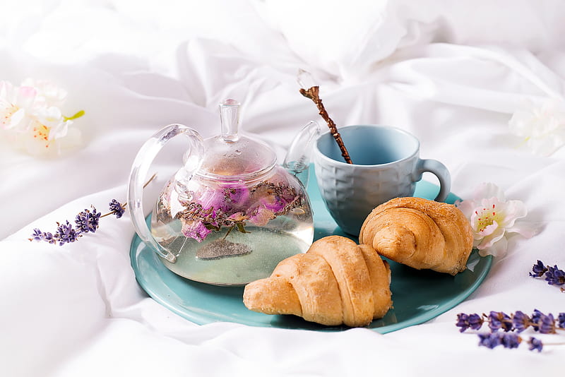 Food, Tea, Croissant, Lavender, Still Life, Teapot, Viennoiserie, HD wallpaper