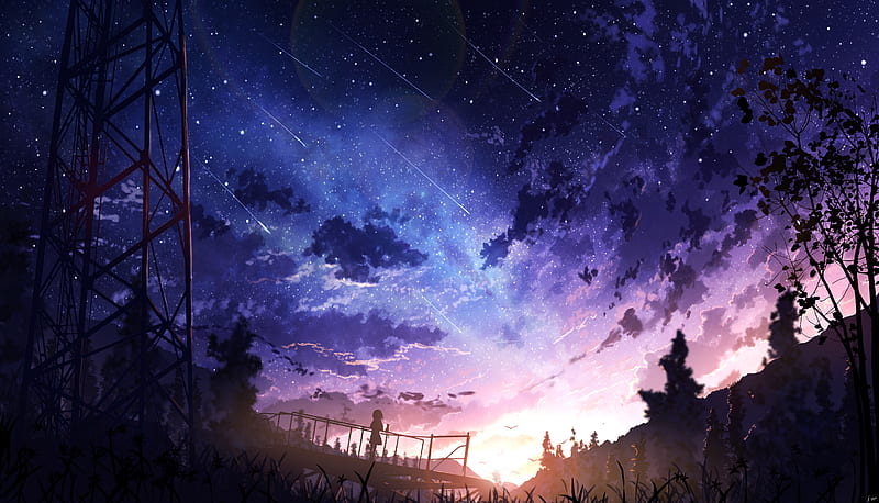 Anime landscape, falling stars, sunset, clouds, anime girl, scenic, Anime,  HD wallpaper | Peakpx