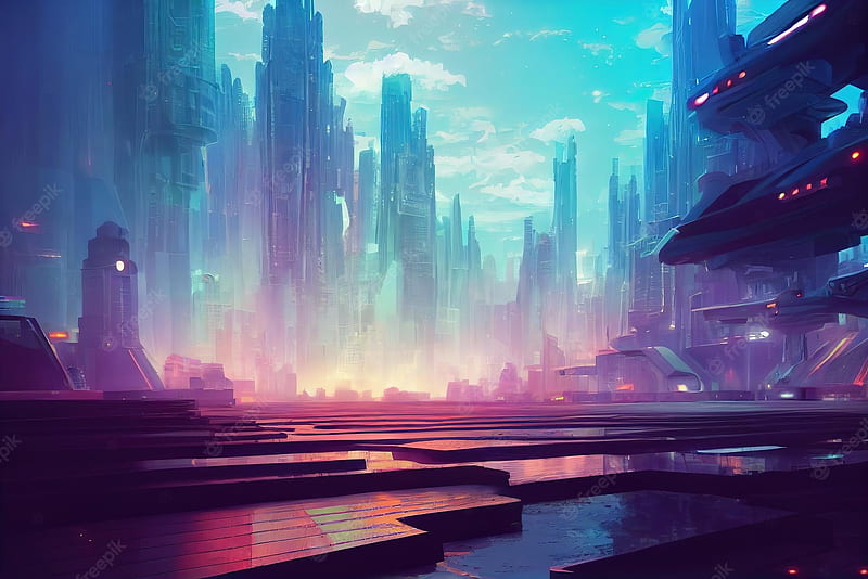 Sci-fi Fantasy City, Cyberpunk Buildings Illustration. Neon Colors