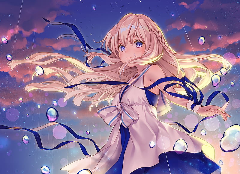 anime girl, blonde, long hair, dress, raining, smiling, Anime, HD wallpaper