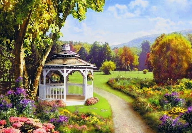 The Old Gazebo, love four seasons, spring, attractions in dreams, trees, parks, paintings, walkway, flowers, nature, gazebo, butterfly designs, HD wallpaper